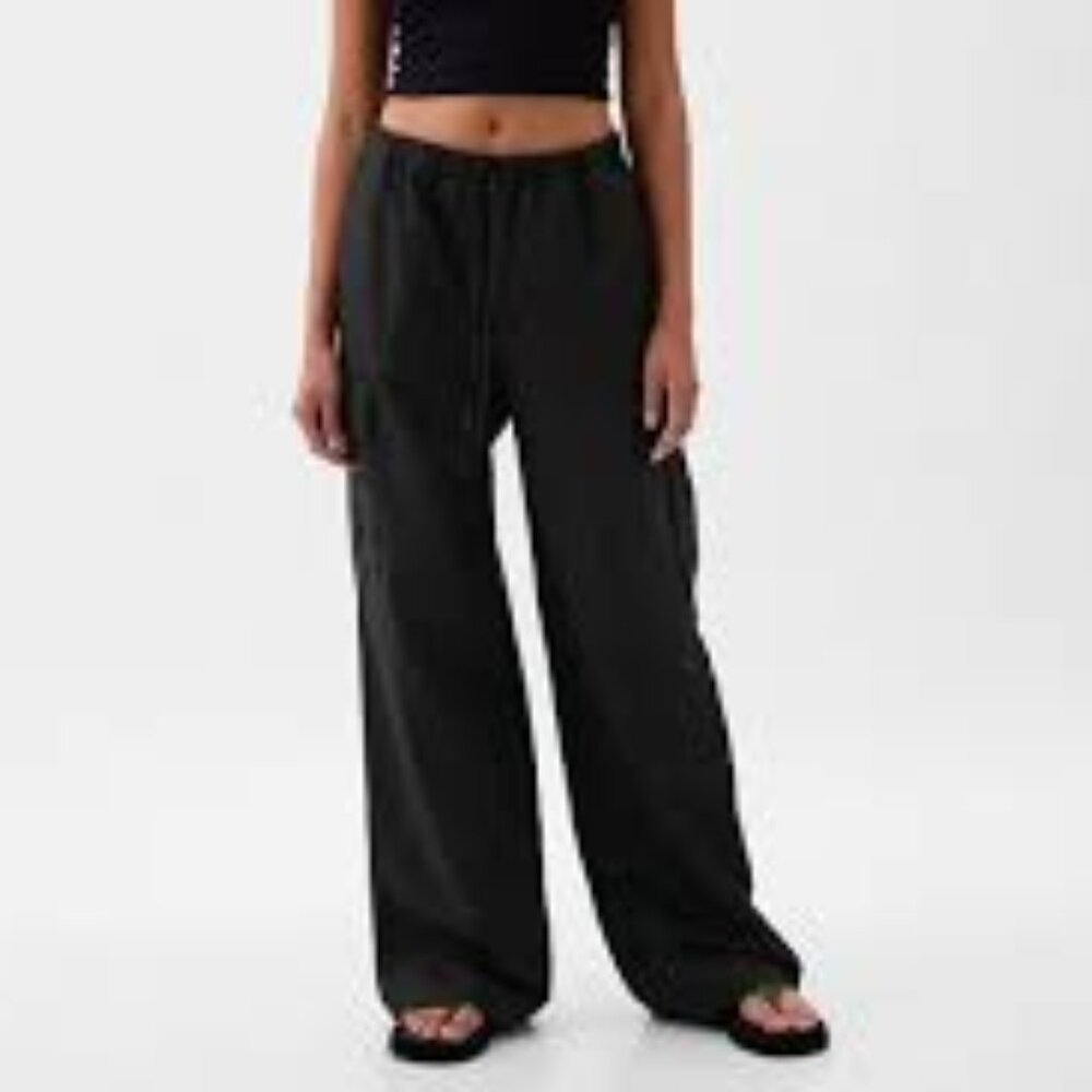 Mid Rise Linen-Cotton Pull-On Cargo Pants (black) NWT